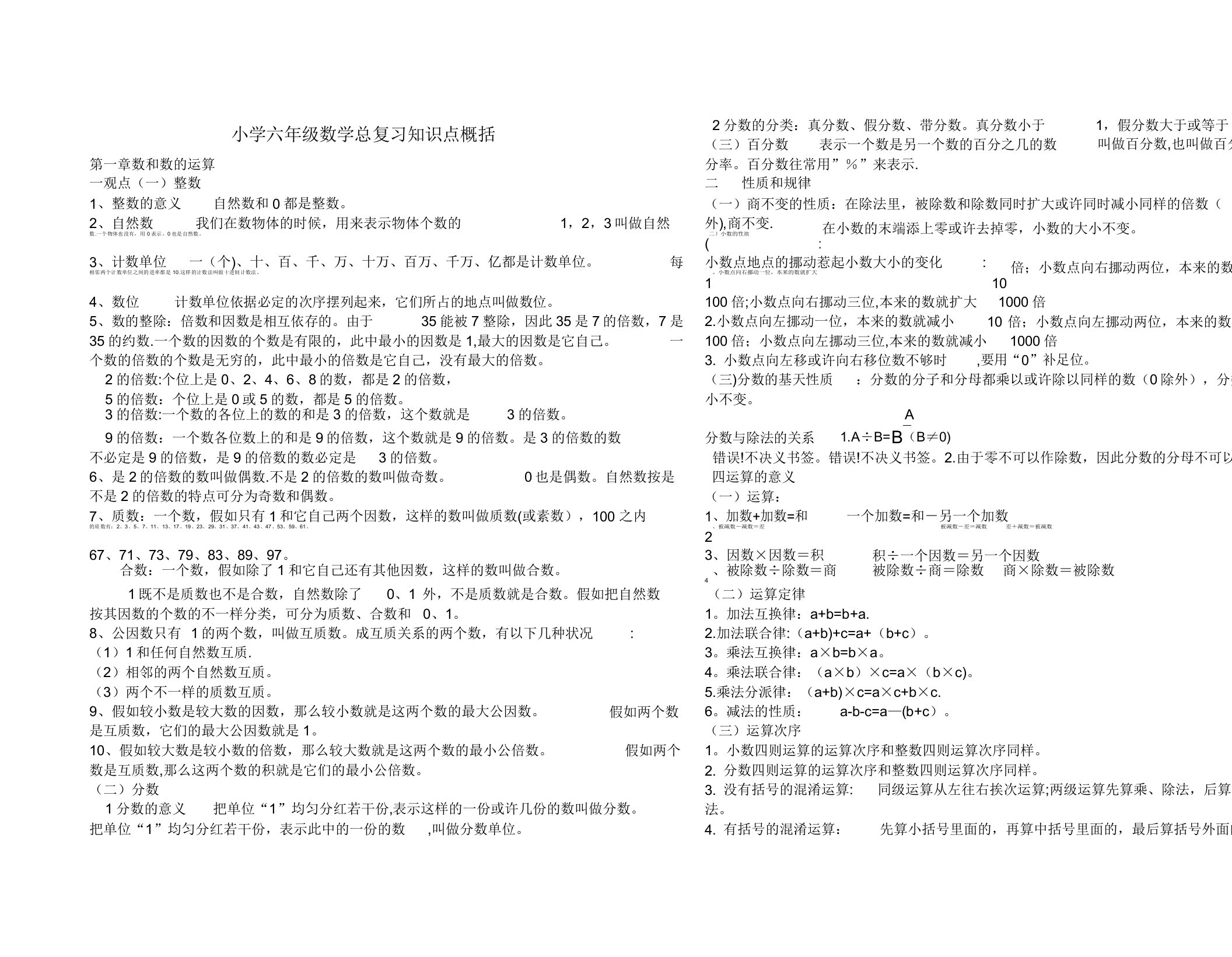 北师大版小学六年级下册数学总复习知识点归纳