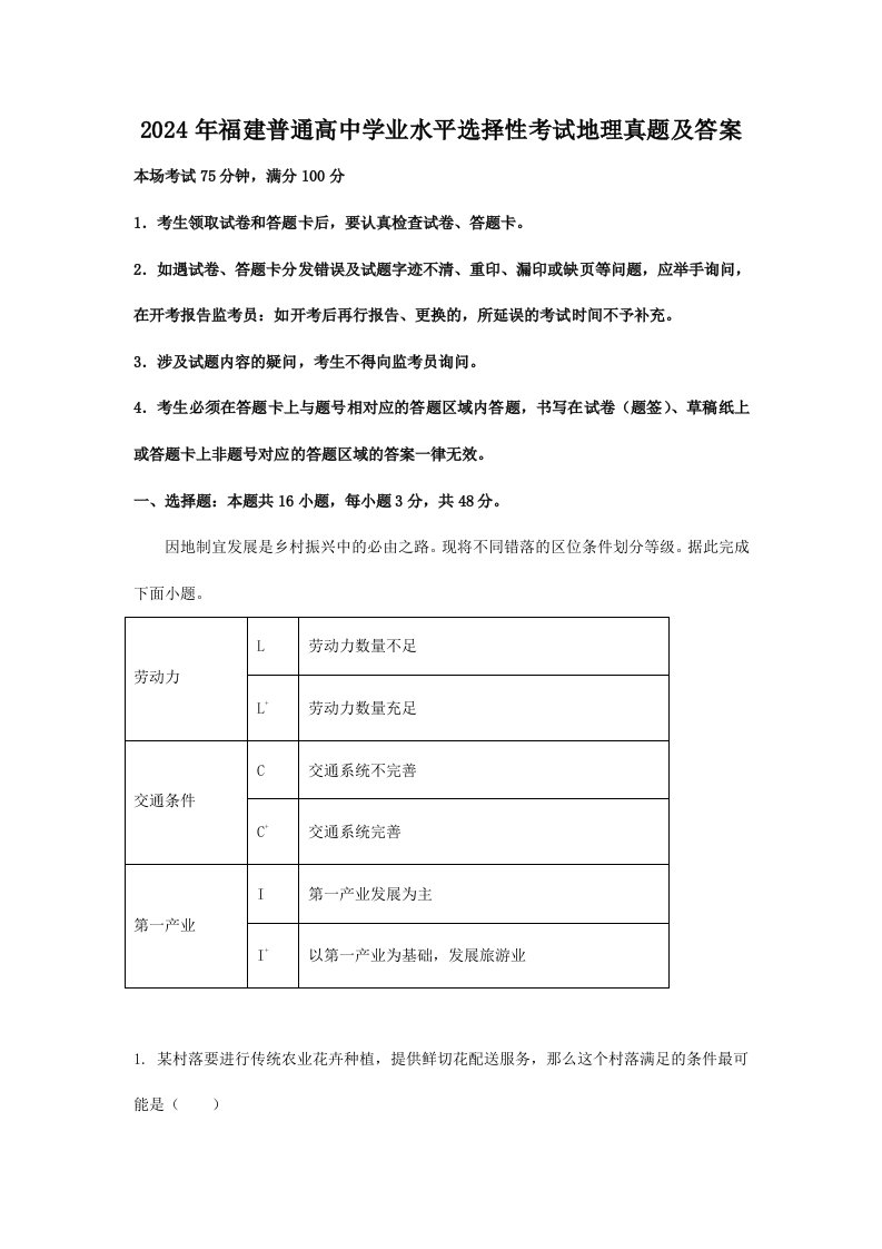 2024年福建普通高中学业水平选择性考试地理真题及答案解析