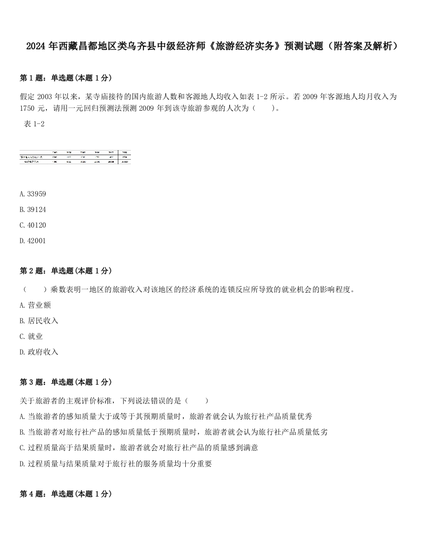 2024年西藏昌都地区类乌齐县中级经济师《旅游经济实务》预测试题（附答案及解析）