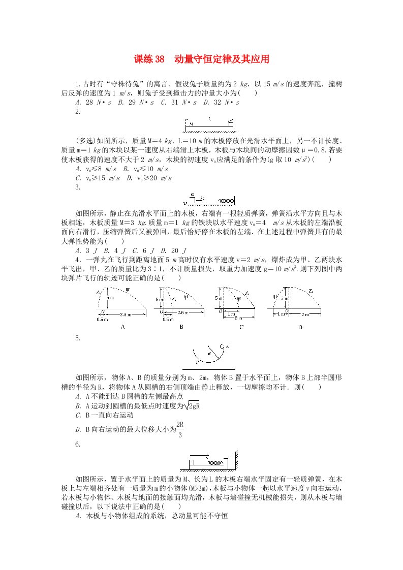 全程训练高考物理一轮总复习课练38动量守恒定律及其应用