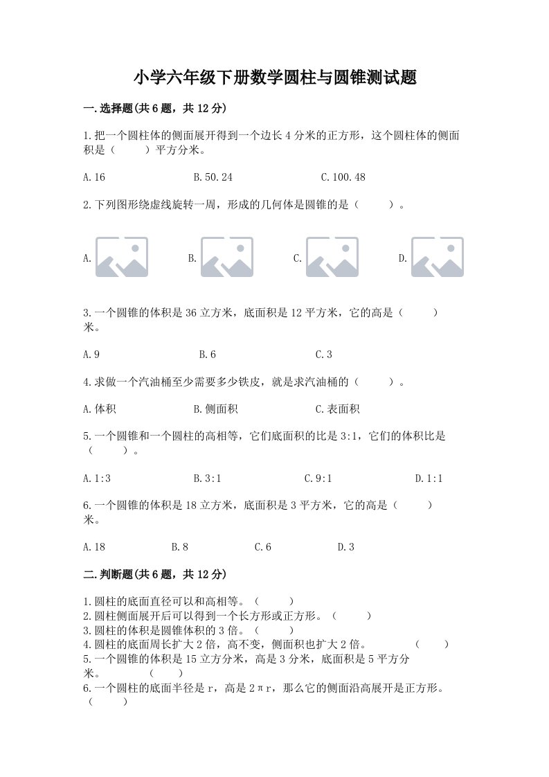 小学六年级下册数学圆柱与圆锥测试题（典优）