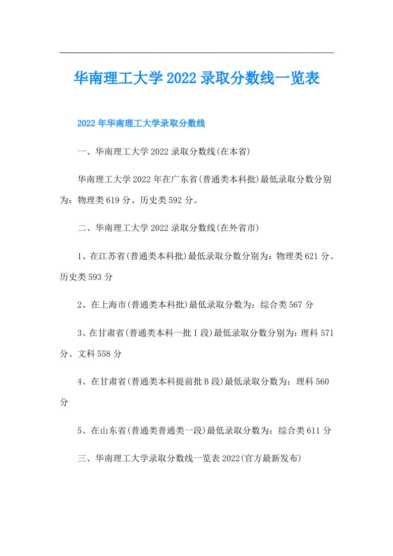 华南理工大学录取分数线一览表