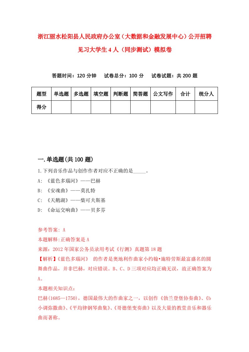 浙江丽水松阳县人民政府办公室大数据和金融发展中心公开招聘见习大学生4人同步测试模拟卷第4期