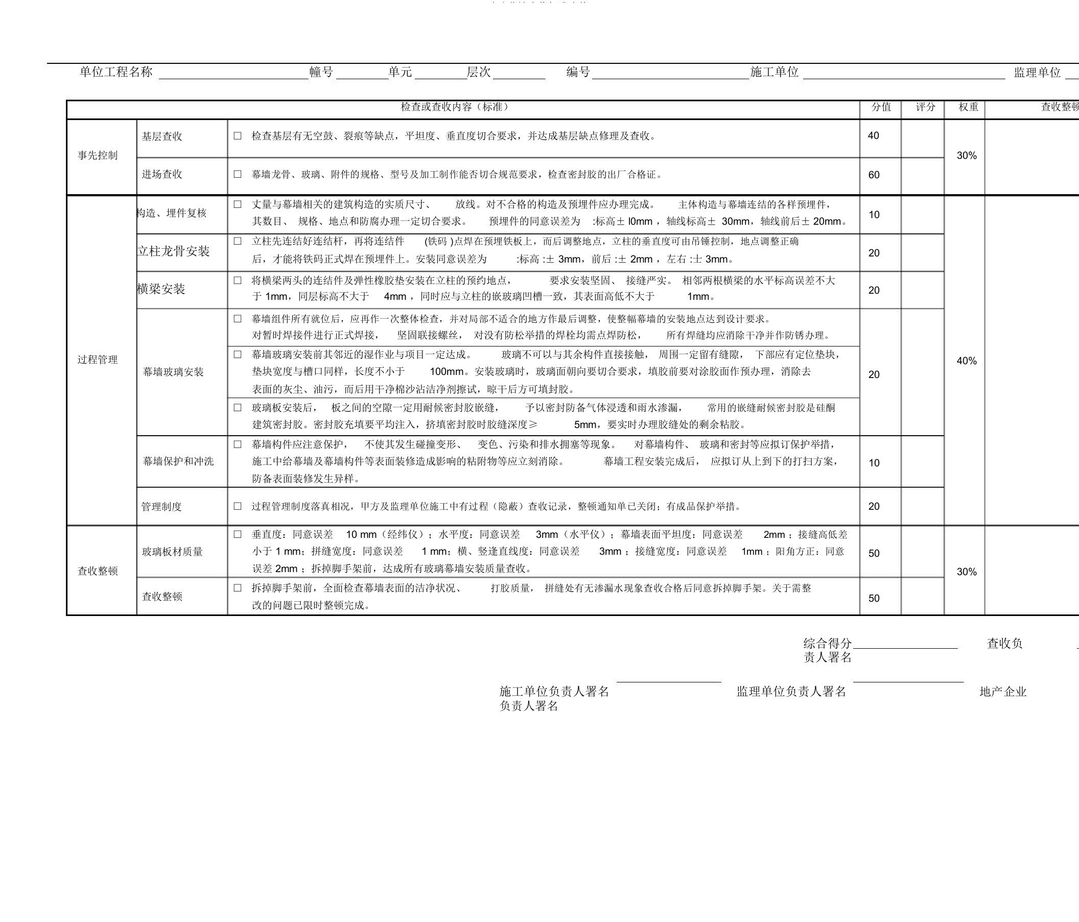 玻璃幕墙验收表格