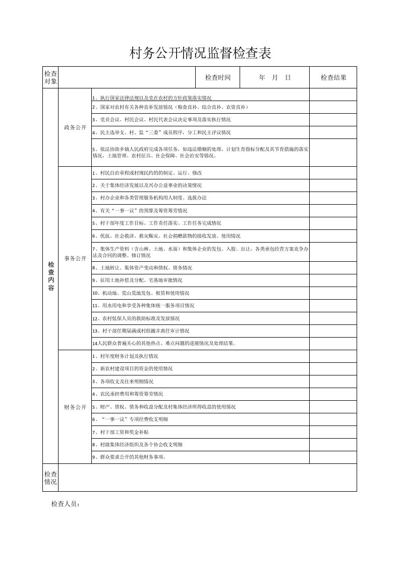 人大督导检查村务公开情况监督检查表