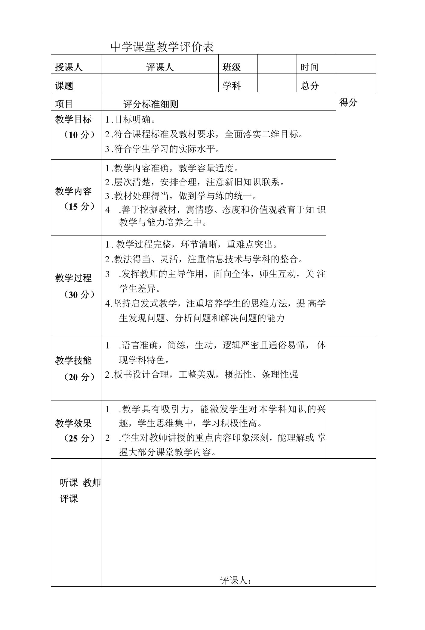 中学课堂教学评价表教师听课评课表