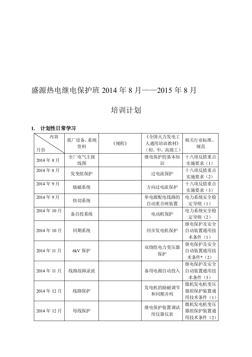 继电保护班2014年——2015培训计划