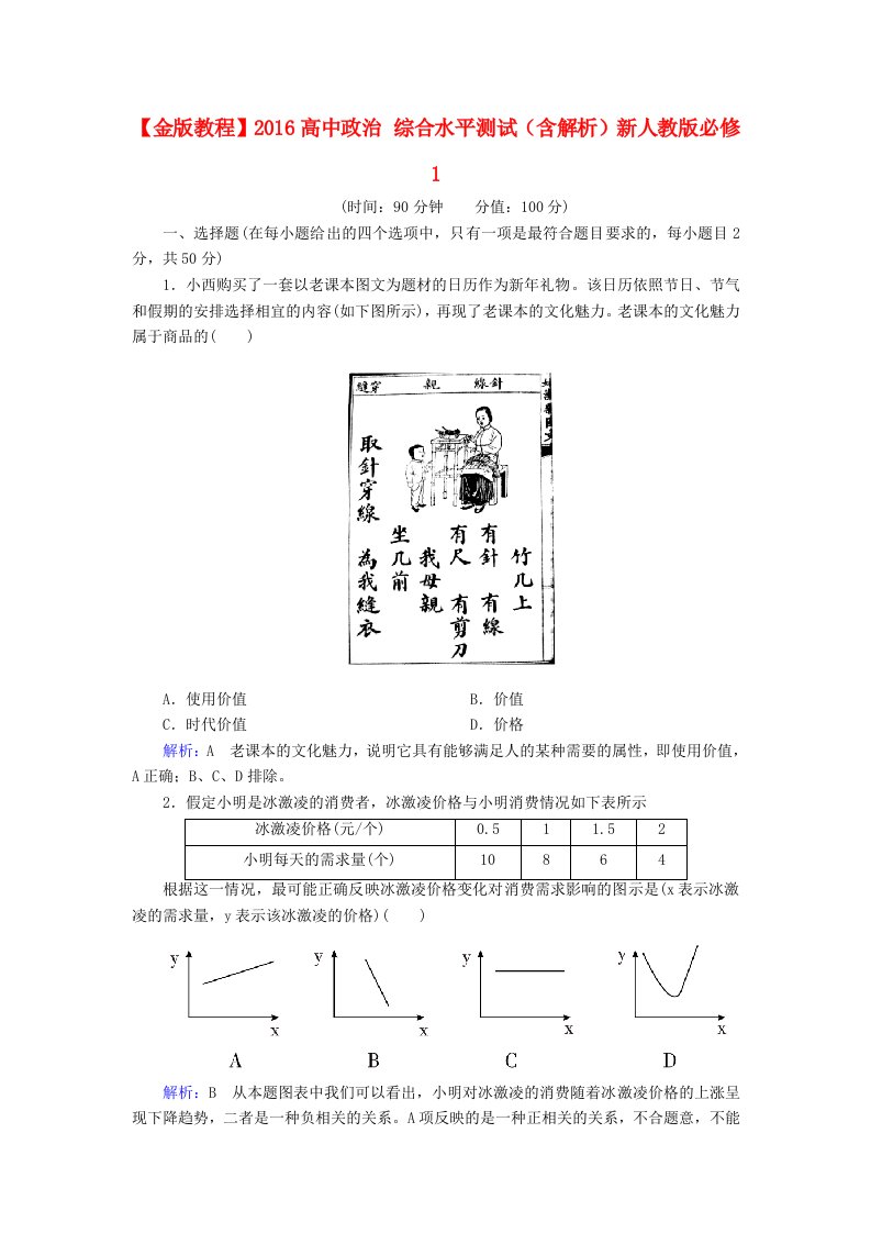 2016高中政治综合水平测试含解析新人教版必修1