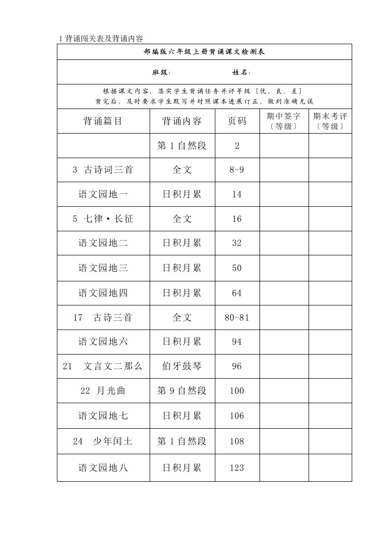 部编版小学六年级课文背诵内容可直接打印