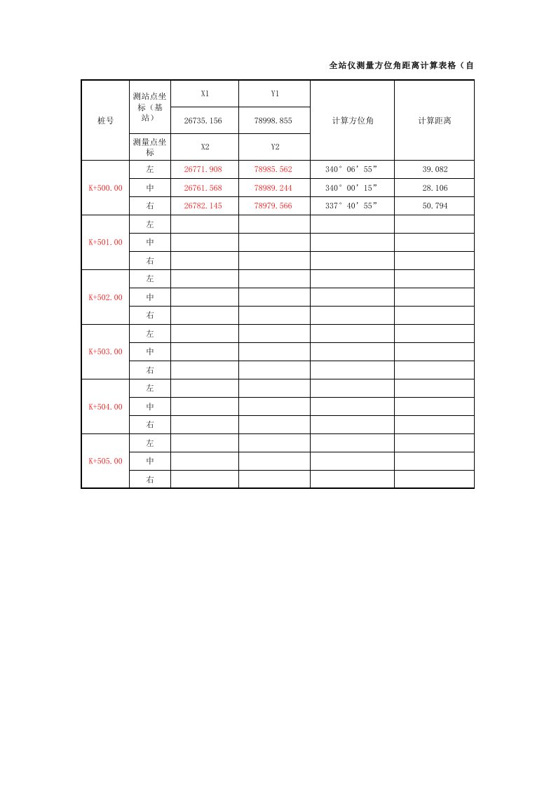 全站仪测量坐标距离计算表格(公式自动计算)