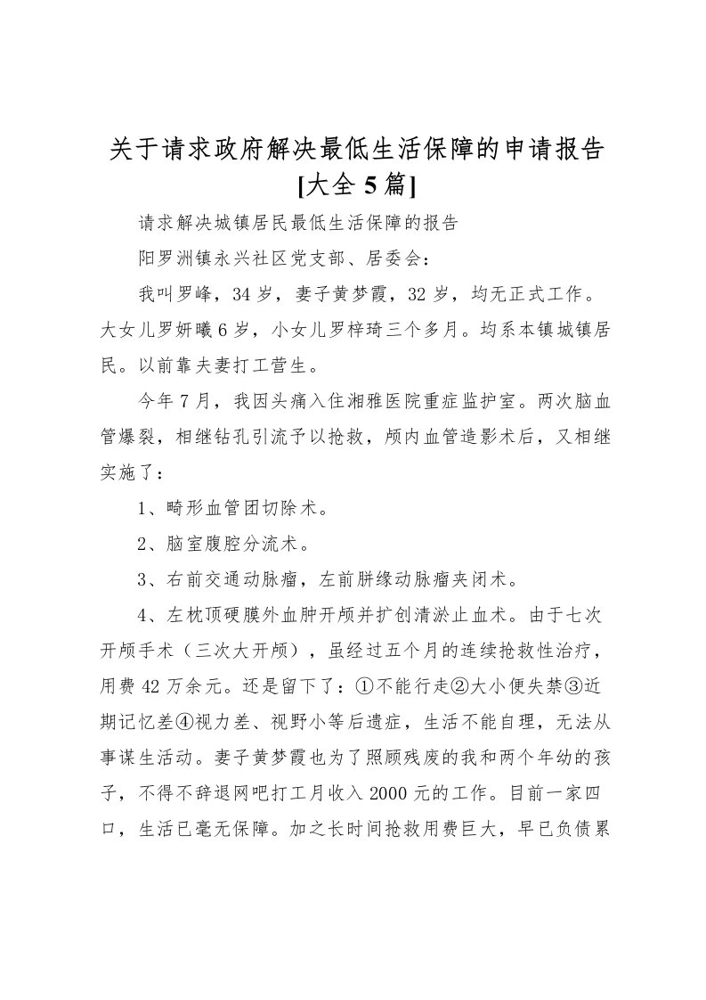 2022关于请求政府解决最低生活保障的申请报告[大全5篇]