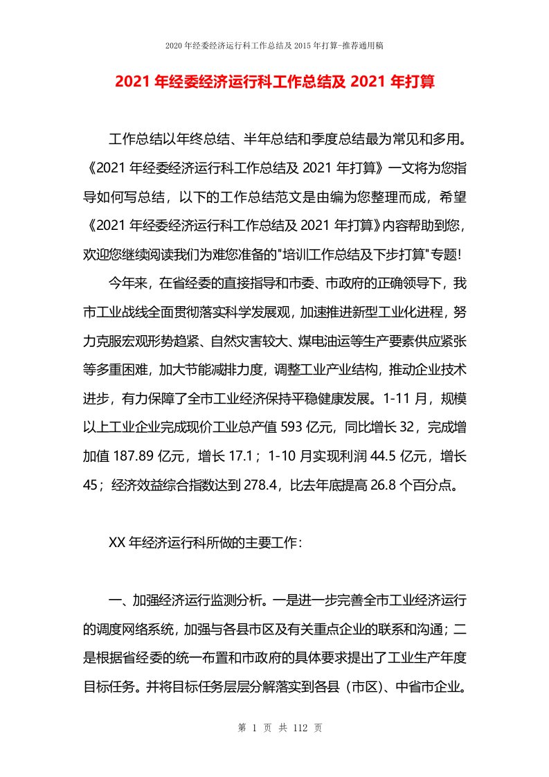 2021年经委经济运行科工作总结及2021年打算