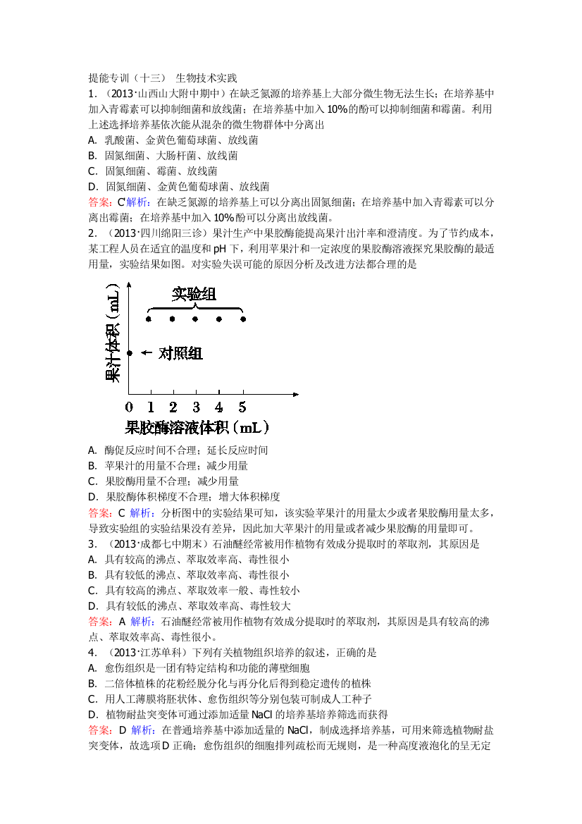 二轮总复习提能专训生物技术实践