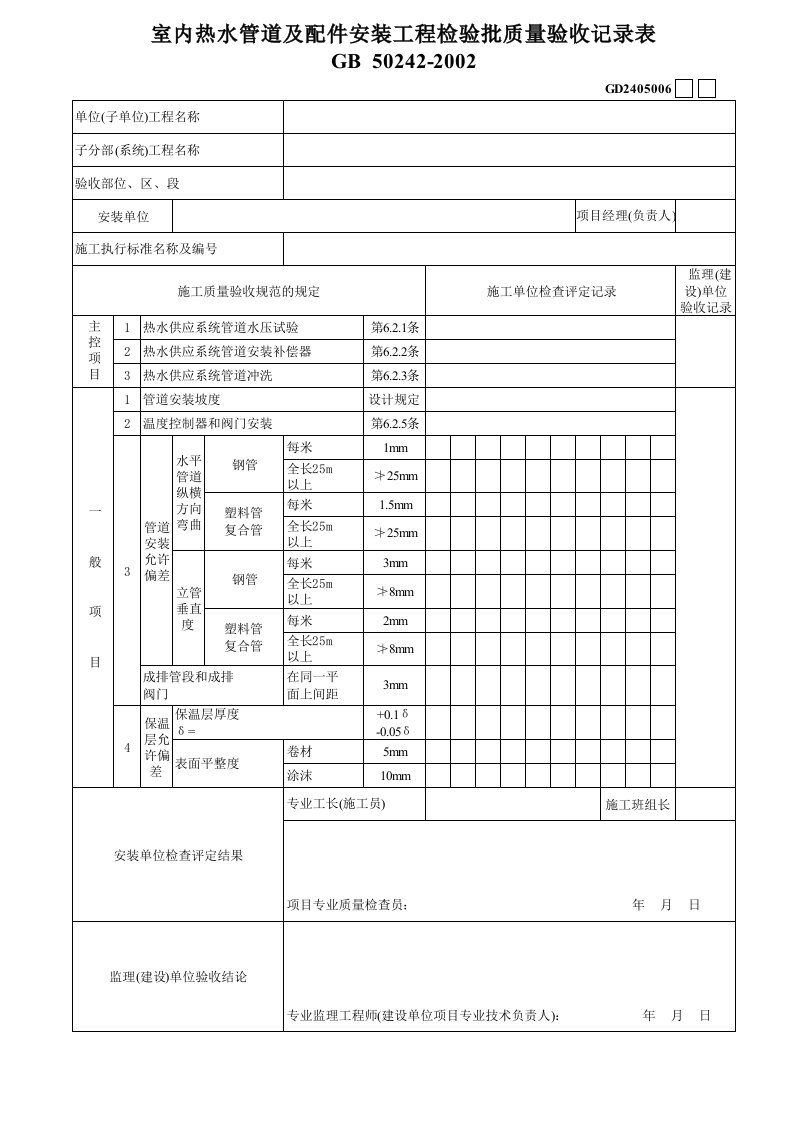 施工组织-1室内热水管道及配件安装工程检验批质量验收记录表