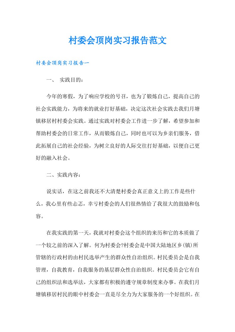 村委会顶岗实习报告范文