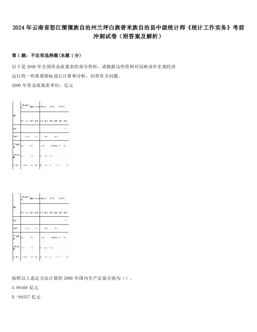 2024年云南省怒江傈僳族自治州兰坪白族普米族自治县中级统计师《统计工作实务》考前冲刺试卷（附答案及解析）