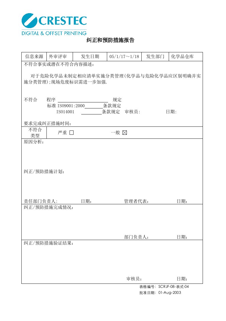 x日本企业纠正和预防措施报告全套(45个文件)-2M纠正和预防措施报告-化学品仓库1-物料管理