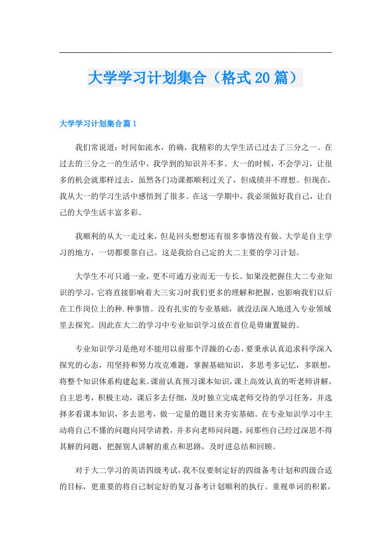 大学学习计划集合（格式20篇）