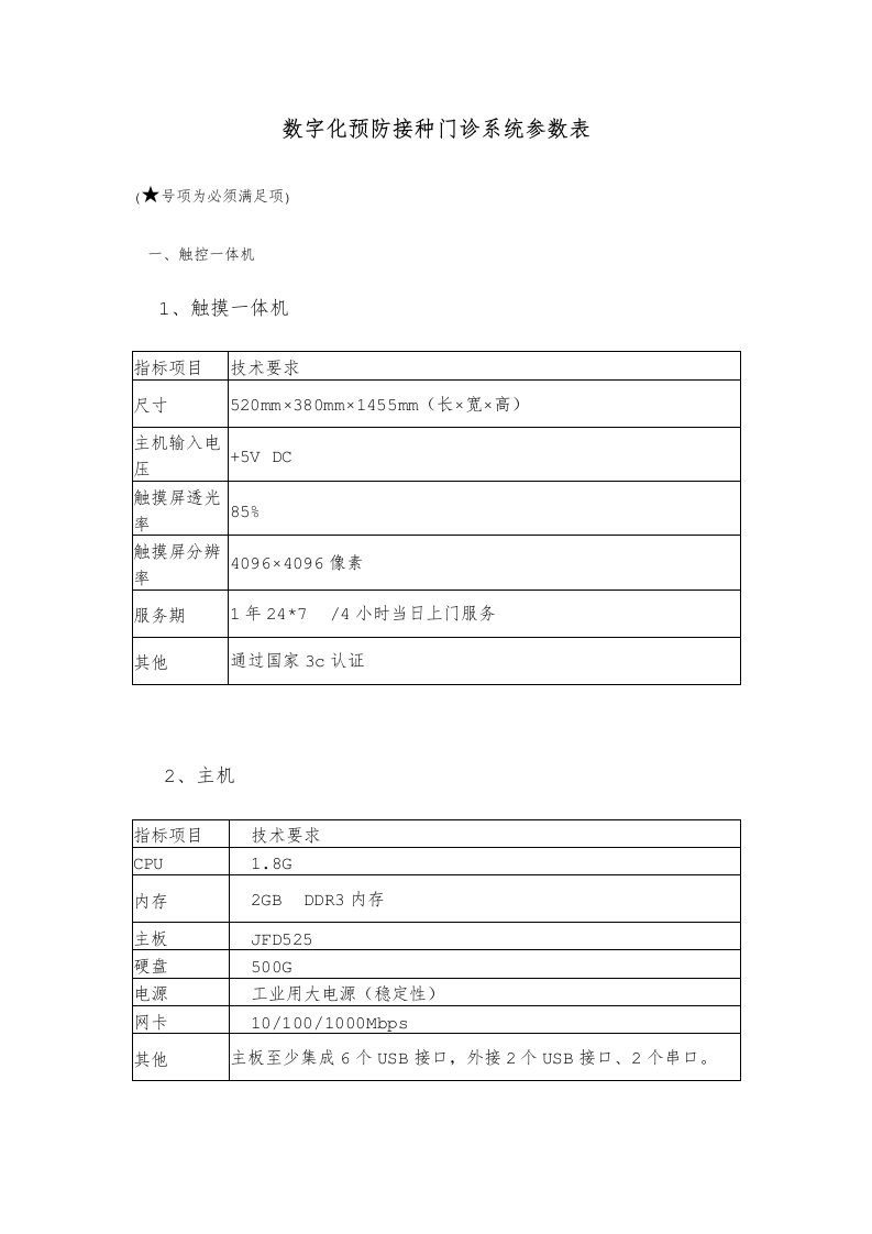 数字化预防接种门诊系统参数表格