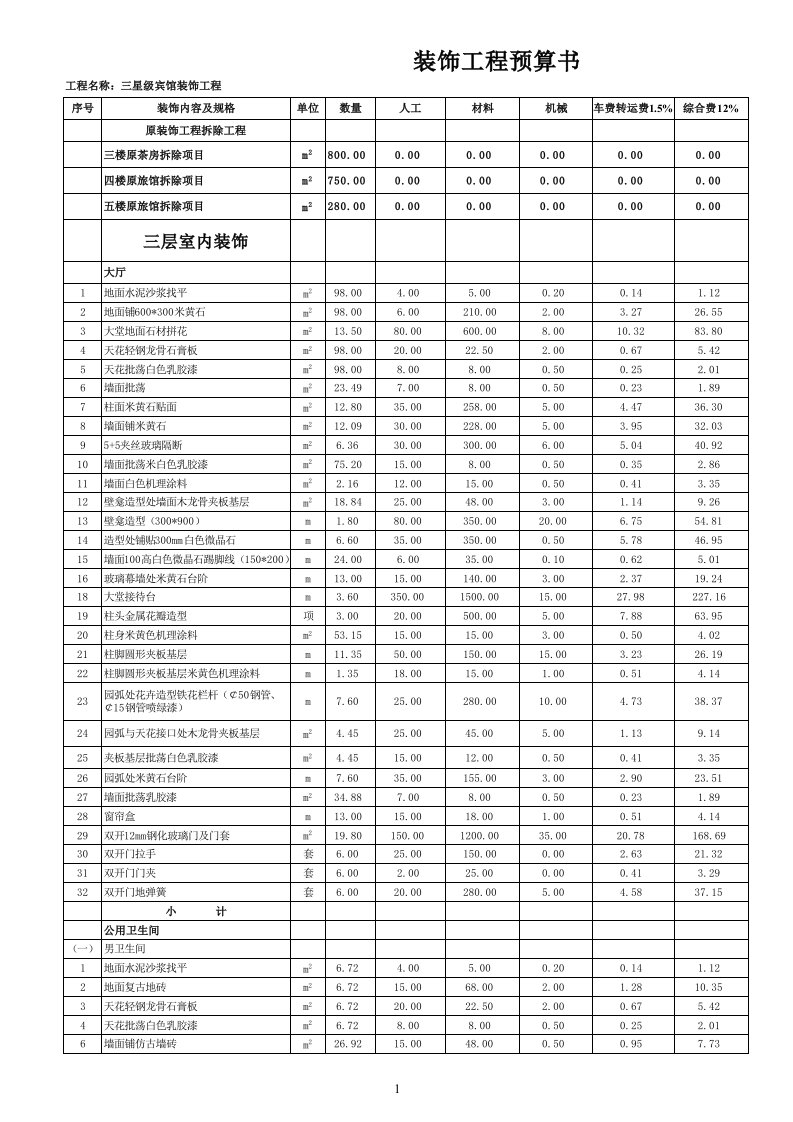 酒店管理-宾馆装饰工程预算书OK