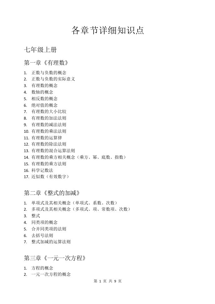 (人教版)初中数学各章节详细知识点