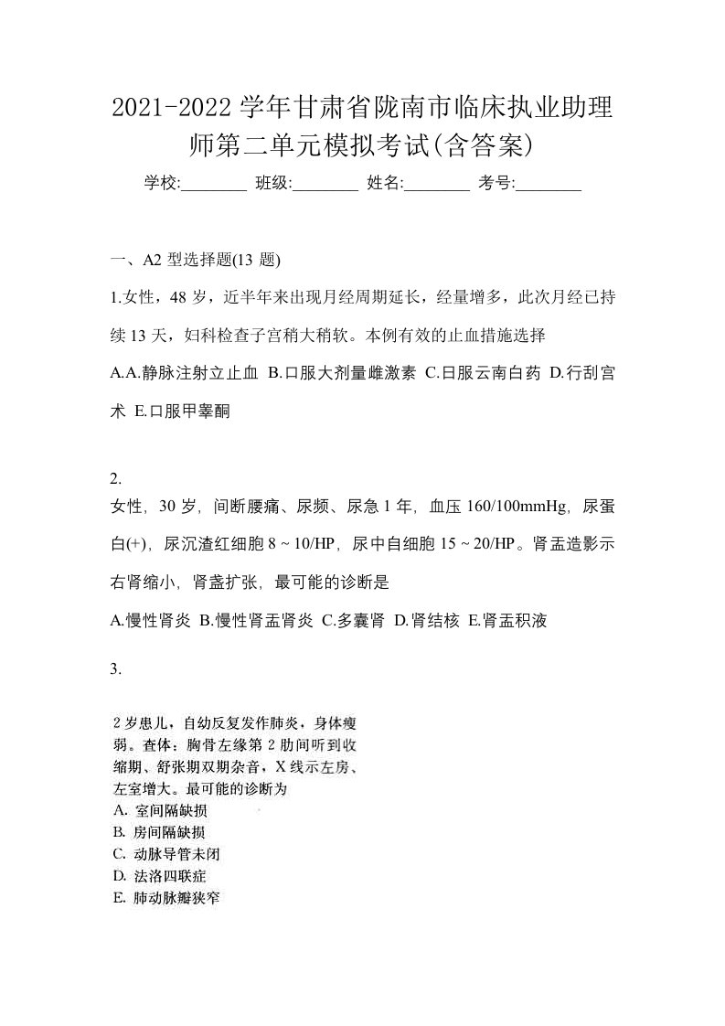 2021-2022学年甘肃省陇南市临床执业助理师第二单元模拟考试含答案