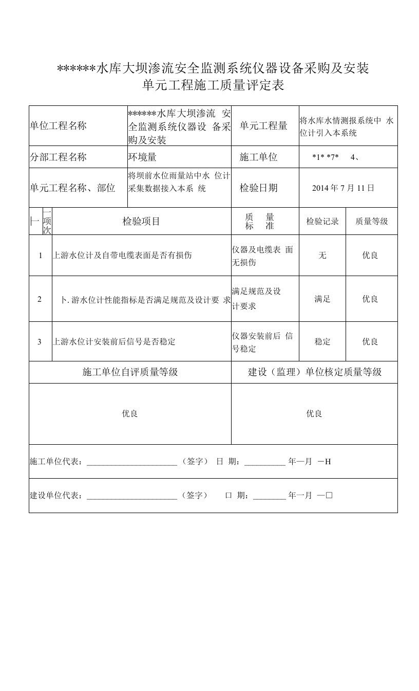 上游水位计单元工程验收表