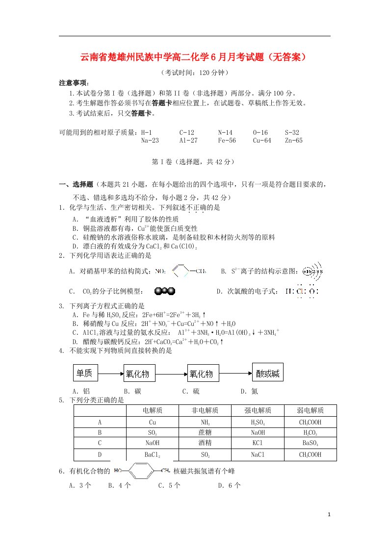 云南省楚雄州民族中学高二化学6月月考试题（无答案）