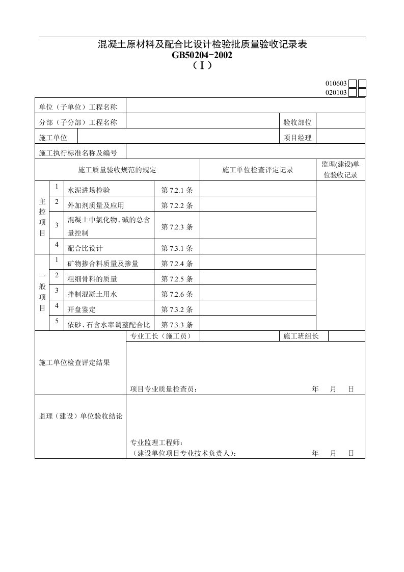 混凝土原材料及配合比设计检验批质量验收记录表Ⅰ