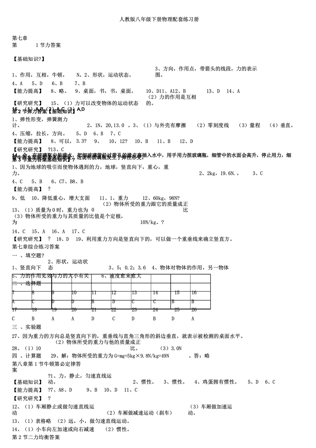 人教版八年级下册物理配套练习册