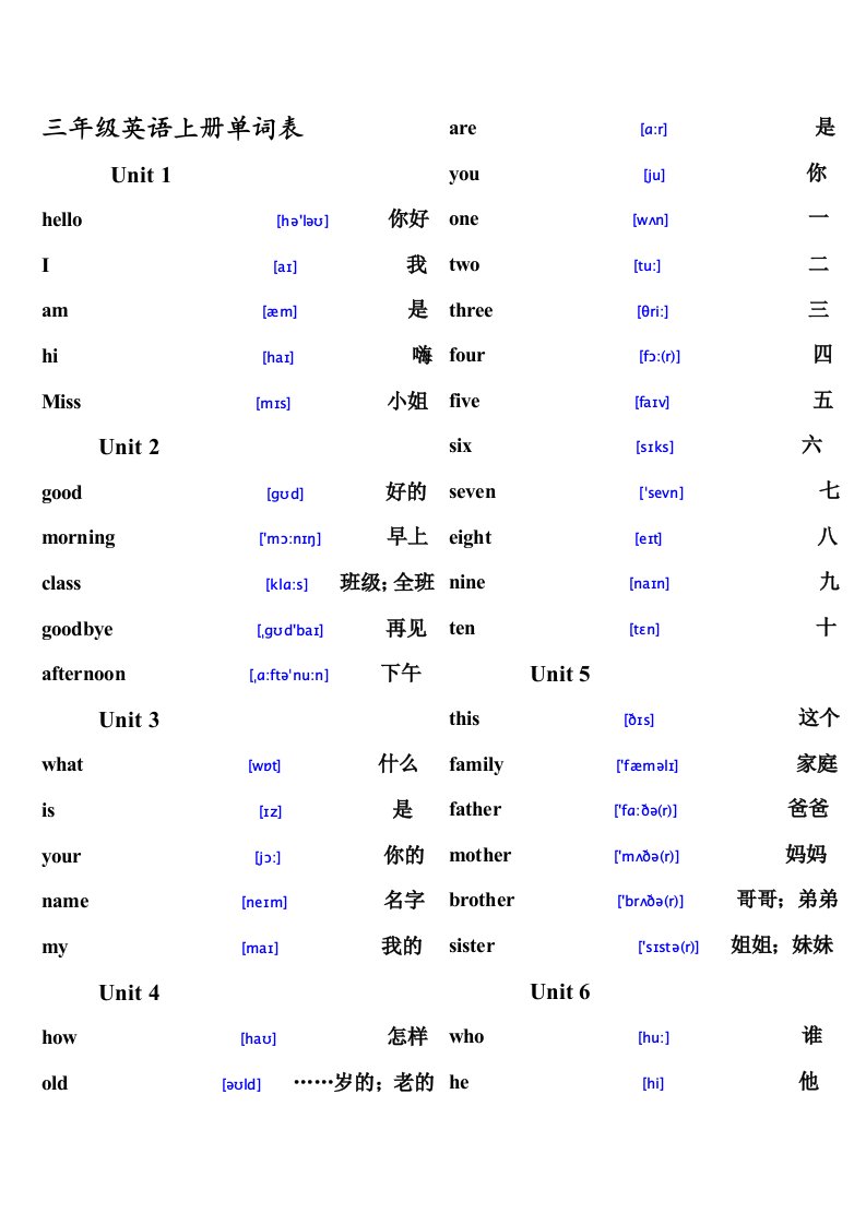 湘少版小学英语上册单词表带音标