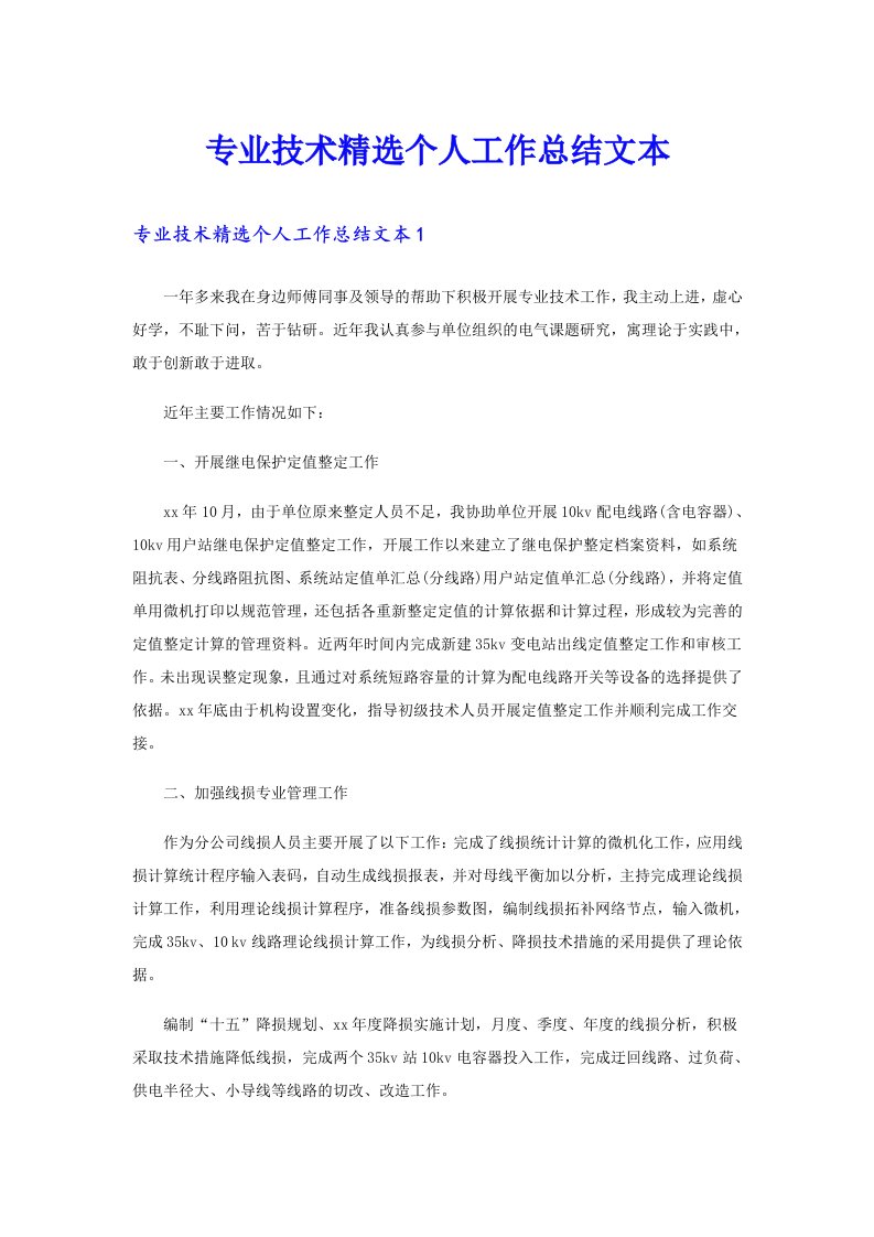 专业技术精选个人工作总结文本