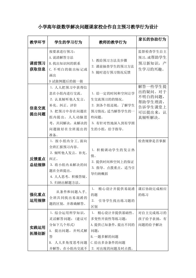 小学高年级数学解决问题课家校合作自主预习教学行为设计