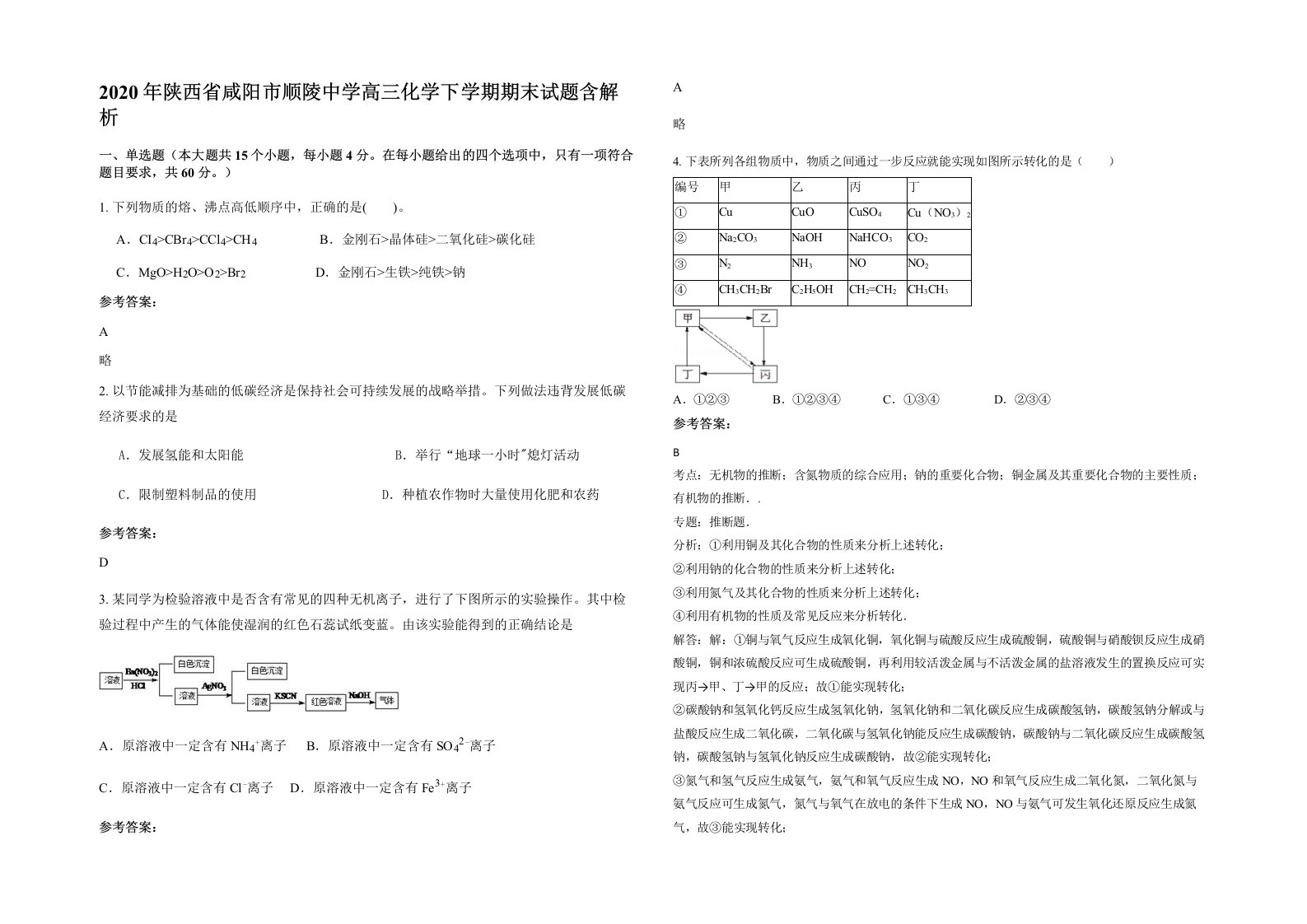 2020年陕西省咸阳市顺陵中学高三化学下学期期末试题含解析