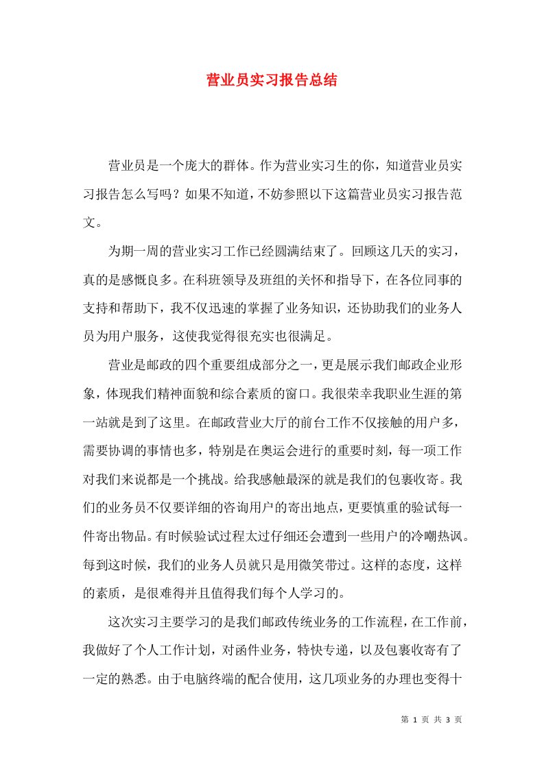 营业员实习报告总结