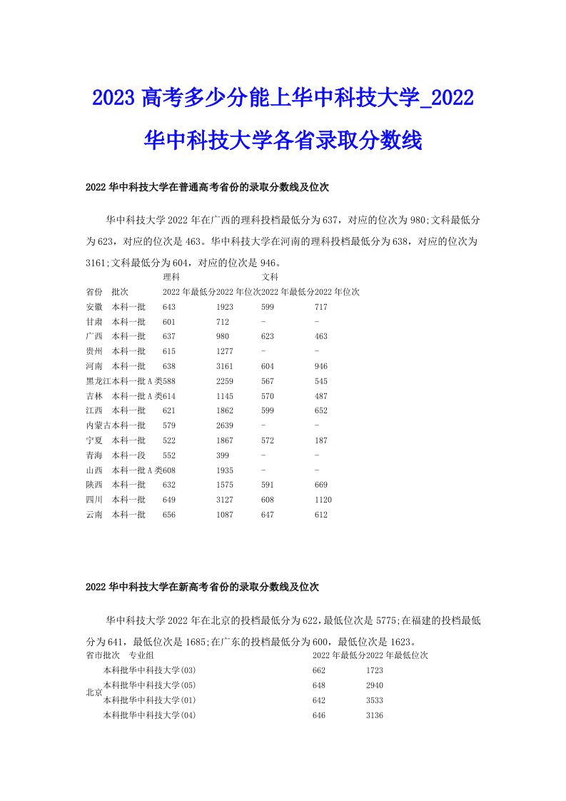 2023高考多少分能上华中科技大学_华中科技大学各省录取分数线