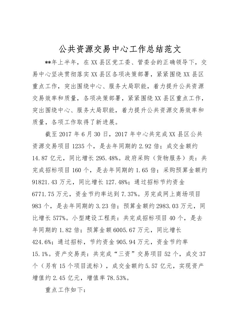 2022公共资源交易中心工作总结范文