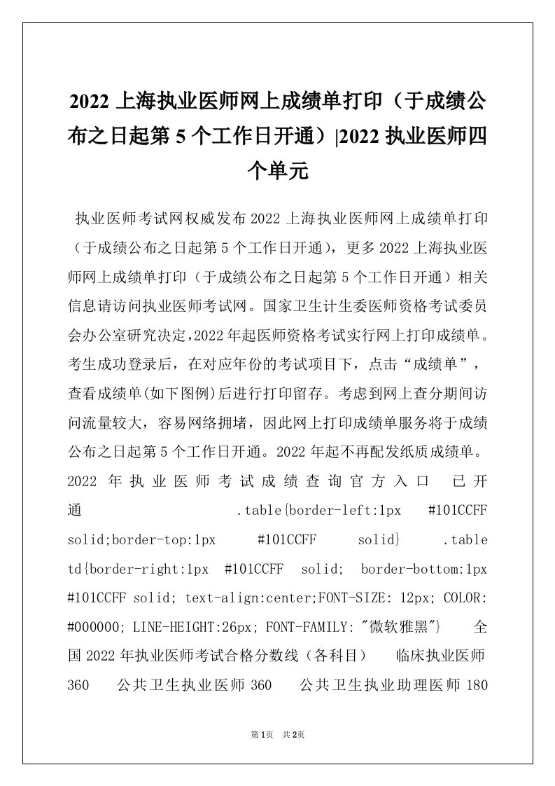 2022上海执业医师网上成绩单打印（于成绩公布之日起第5个工作日开通）-2022执业医师四个单元