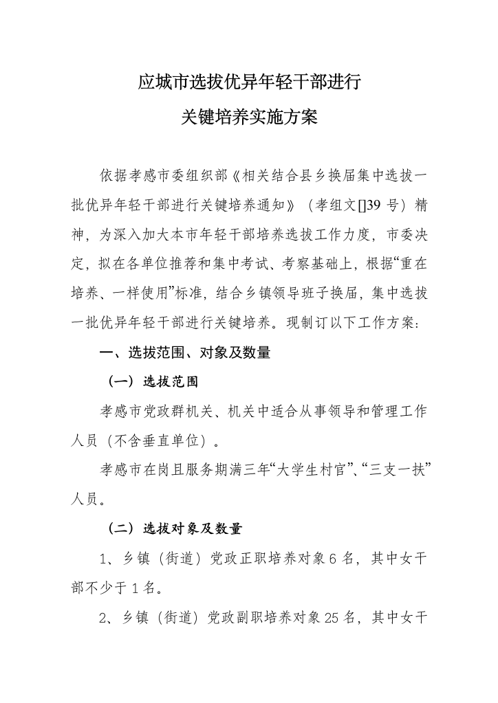 应城市选拔优秀年轻干部进行重点培养的实施专项方案