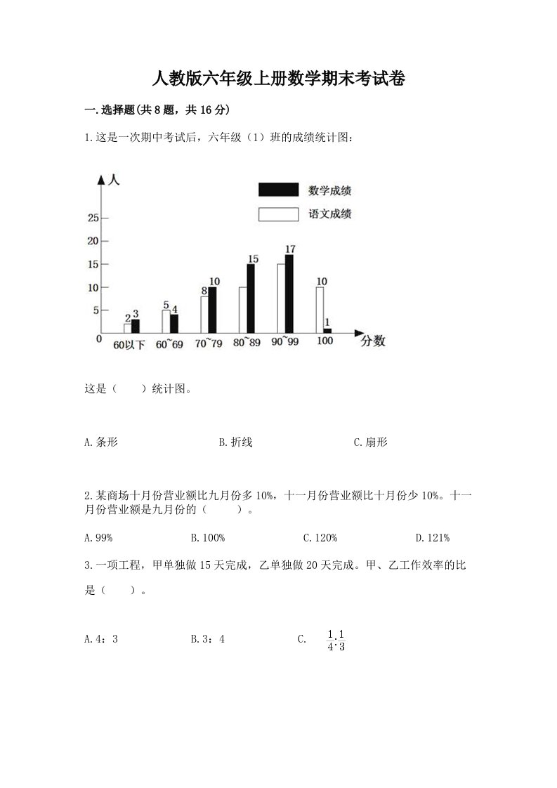 人教版六年级上册数学期末考试卷（各地真题）word版