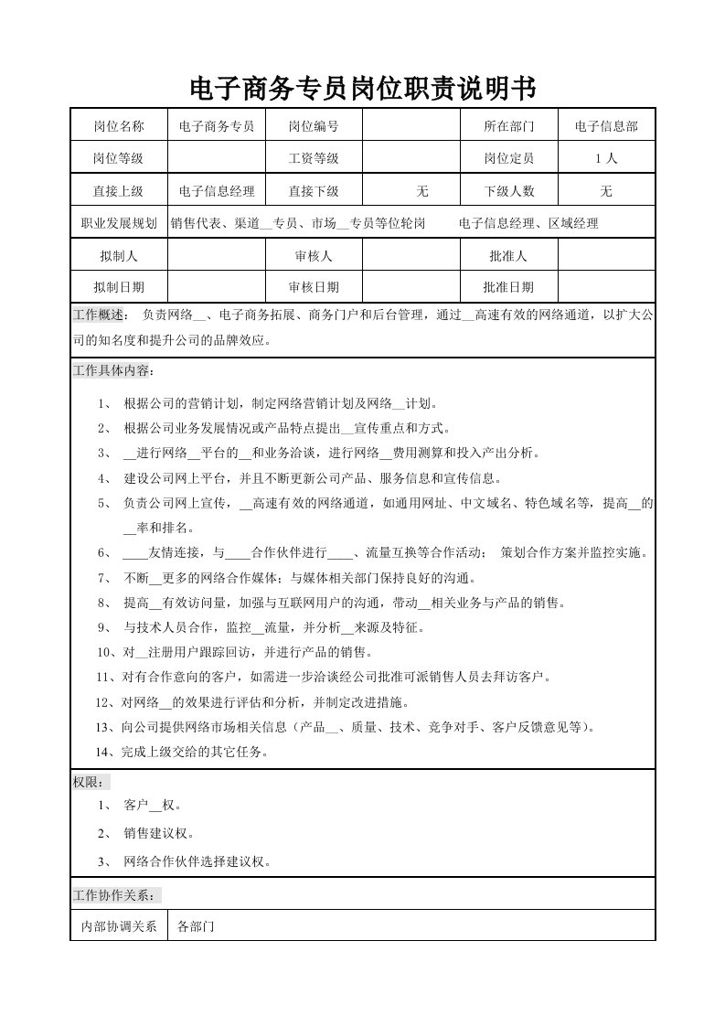 电子商务和网络推广岗位职责说明书