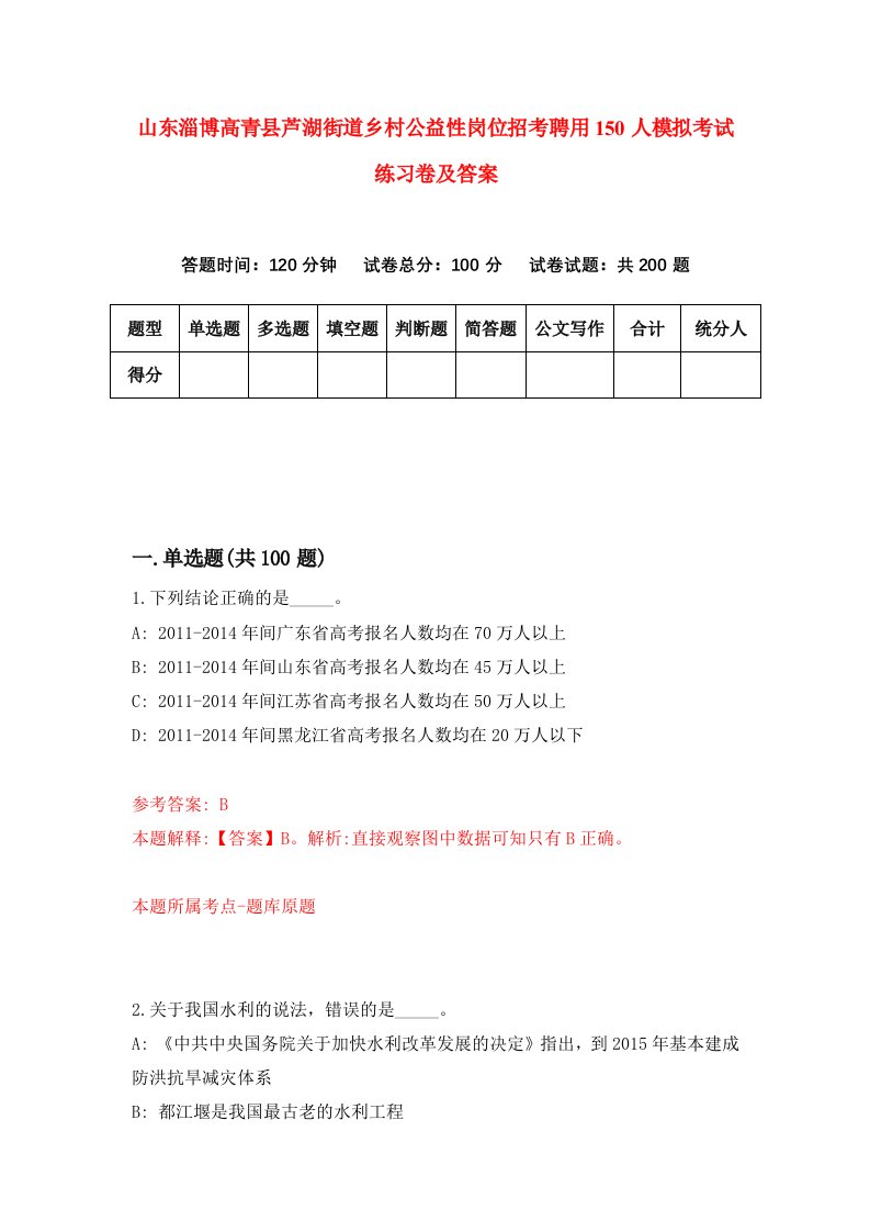 山东淄博高青县芦湖街道乡村公益性岗位招考聘用150人模拟考试练习卷及答案第3期