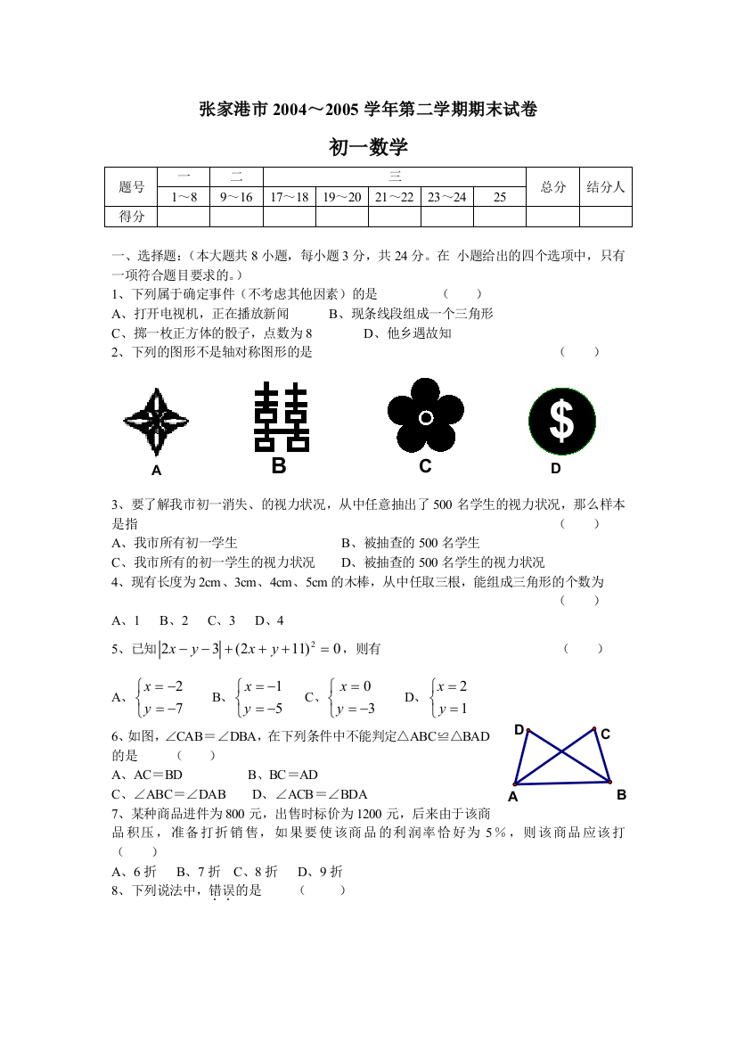 【小学中学教育精选】张家港市04-05年下学期初一期末试卷数学