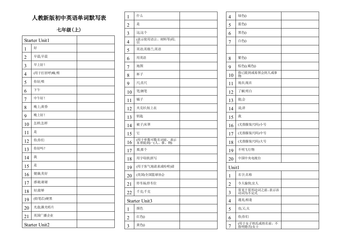 人教新版七年级上册英语单词默写表直接打印样稿