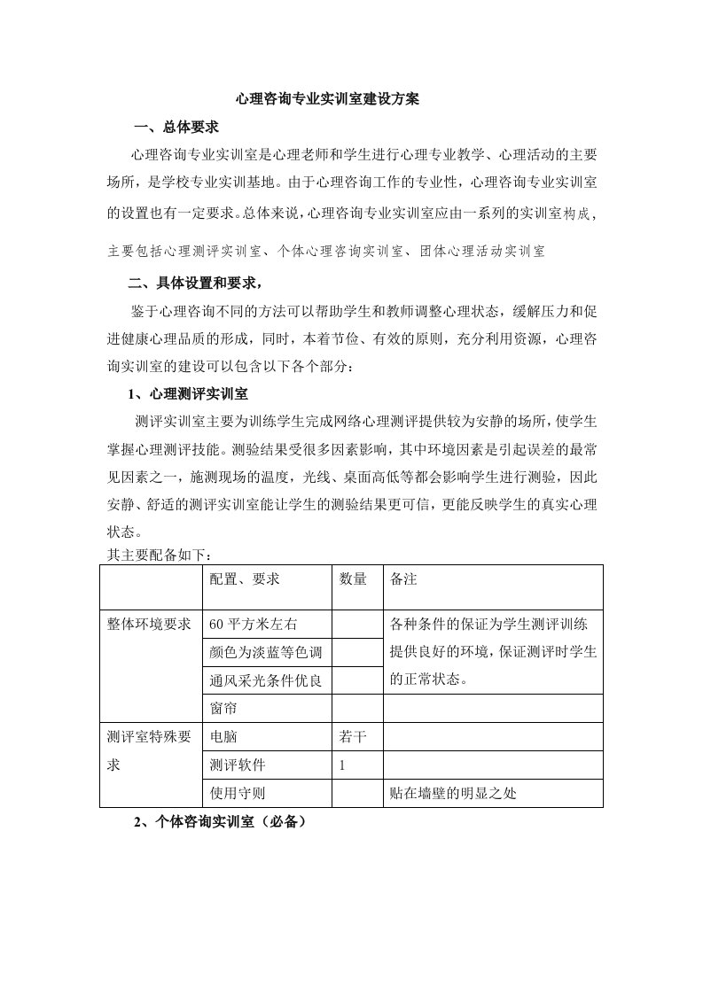 心理咨询室建设方案