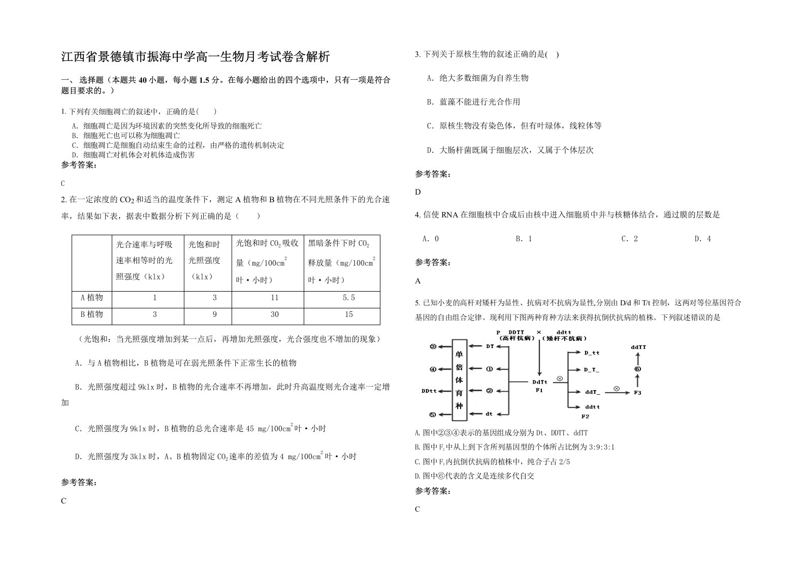 江西省景德镇市振海中学高一生物月考试卷含解析