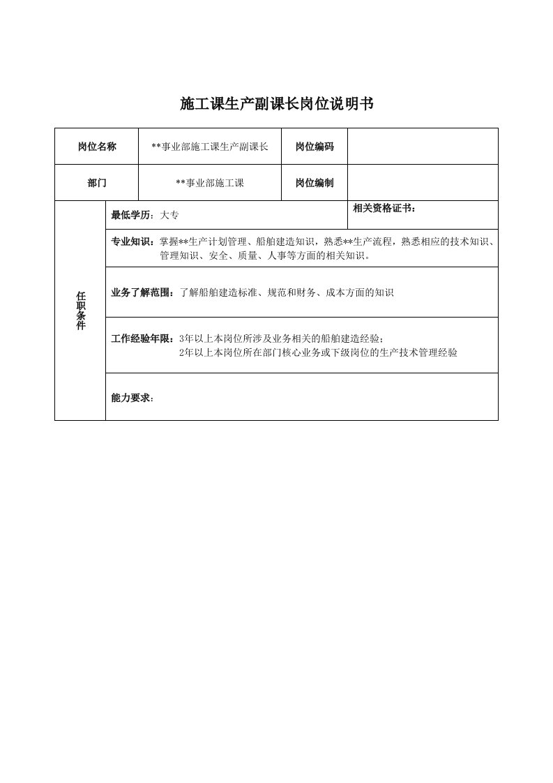 广船国际事业部施工科生产副科长岗位说明书