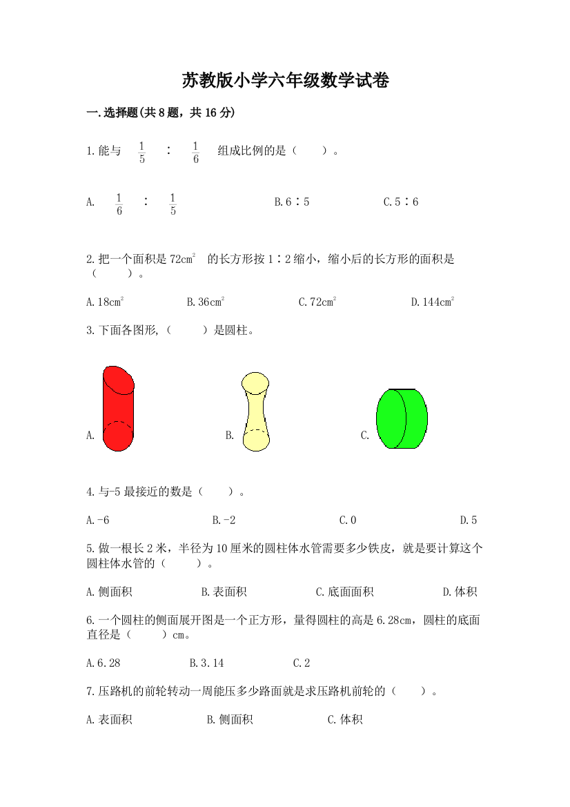 苏教版小学六年级数学试卷带答案（轻巧夺冠）