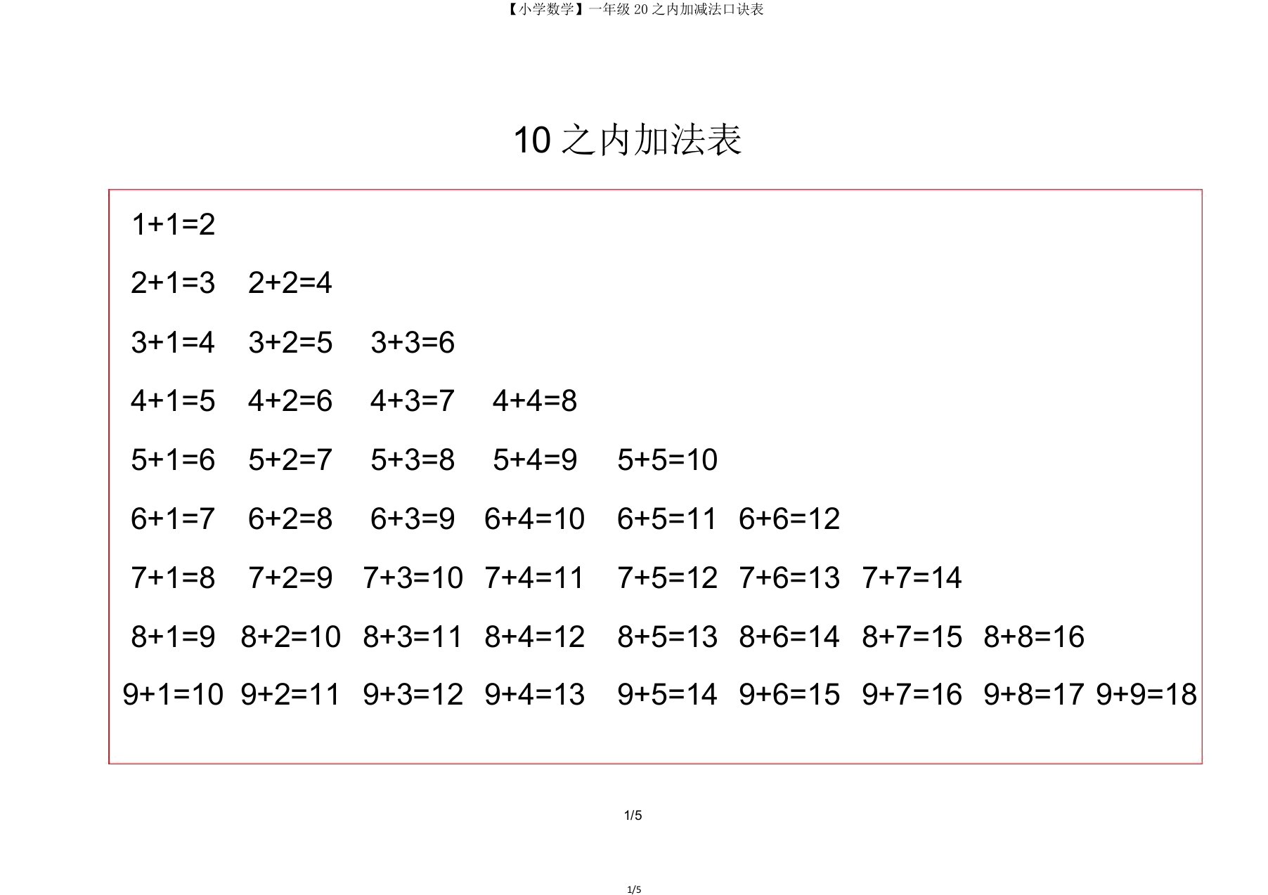 【小学数学】一年级20以内加减法口诀表