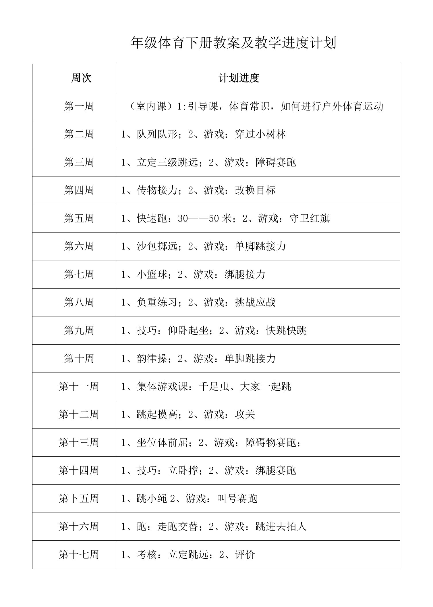 四年级体育下册教案及教学进度计划